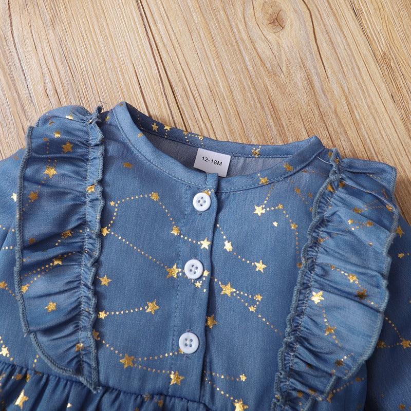 Toddler Kids Girls Solid Star Print Denim Long Sleeve Dress - PrettyKid