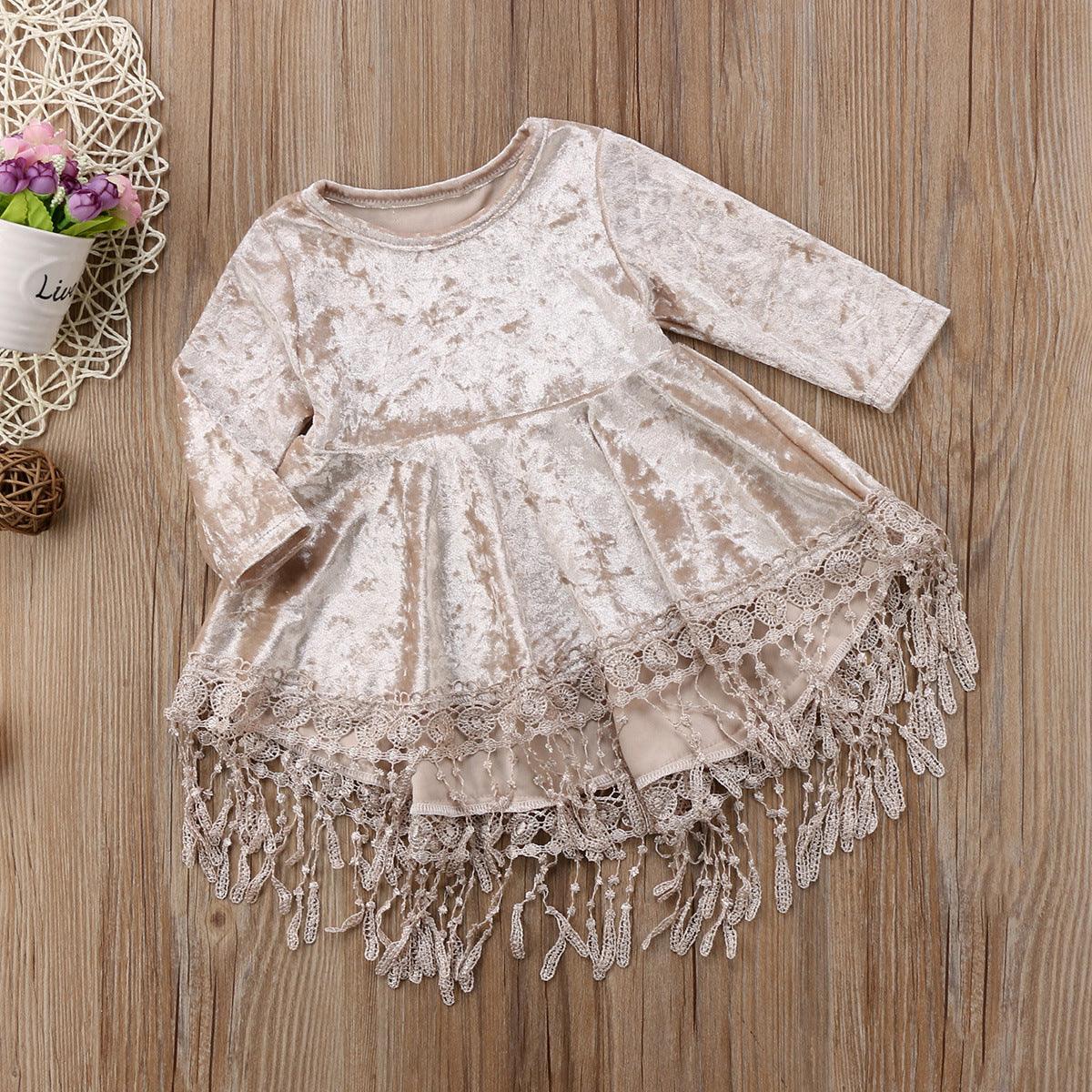 Toddler Children Girls' Long Sleeved Tassel Swallow Tail Lace Dress Princess Skirt - PrettyKid