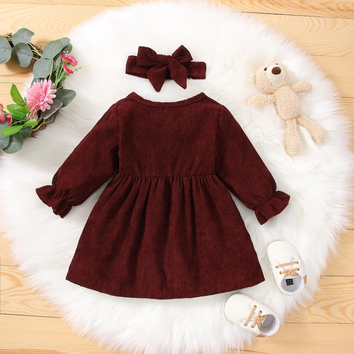 Toddler Kids Girls Solid Color Long Sleeve Button Dress Hairband Two Piece Set - PrettyKid