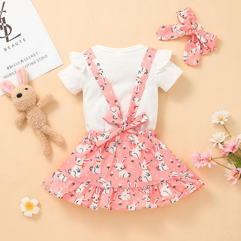 Baby Girl Solid Color Lovely Rabbit Short Sleeve One-piece Dress Printed Suspender Skirt Set - PrettyKid