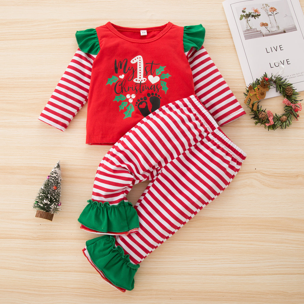 Children's Girls' Letter Printed Ruffle Stripe Long Sleeve Christmas Suit - PrettyKid