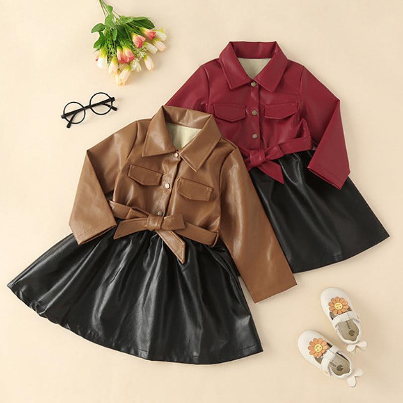 Girls' Autumn and Winter Leather Jacket Medium Length Splicing PU Leather Skirt Coat - PrettyKid