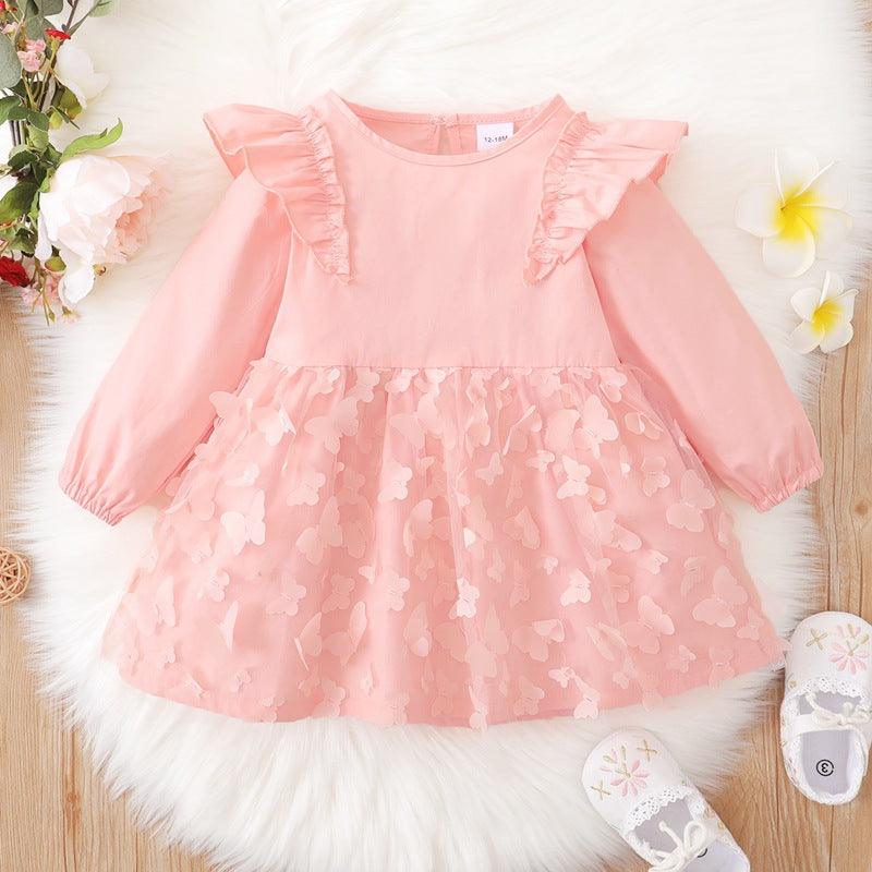 Toddler Kids Girls Pink Butterfly Long Sleeve Mesh Stitching Dress - PrettyKid