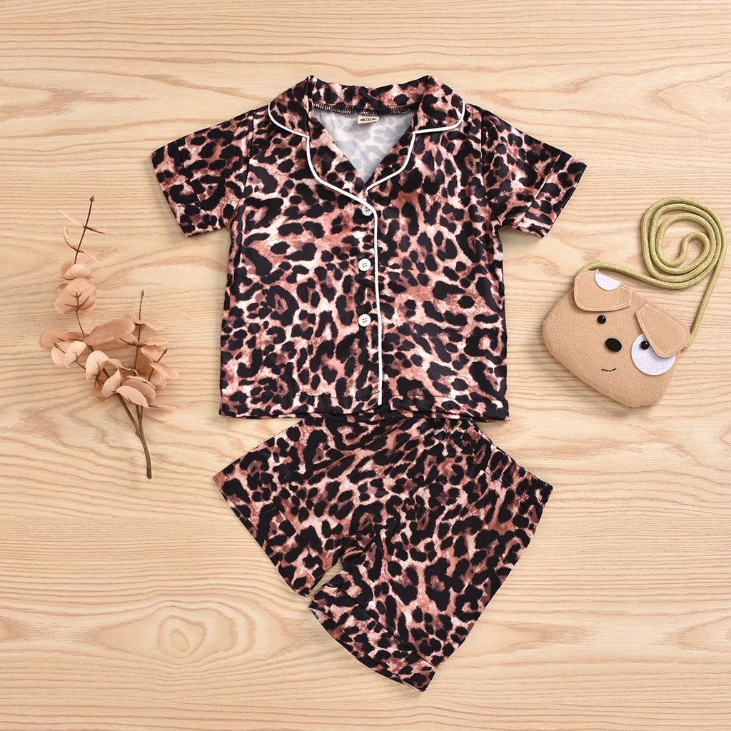Toddler Kids Leopard Print Short Sleeve Suit Pajamas Home Clothes - PrettyKid