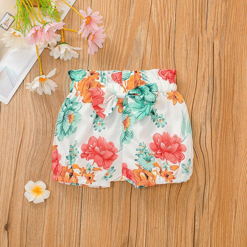 Baby Girl Solid Letter Short Sleeve Top Floral Print Shorts Set - PrettyKid