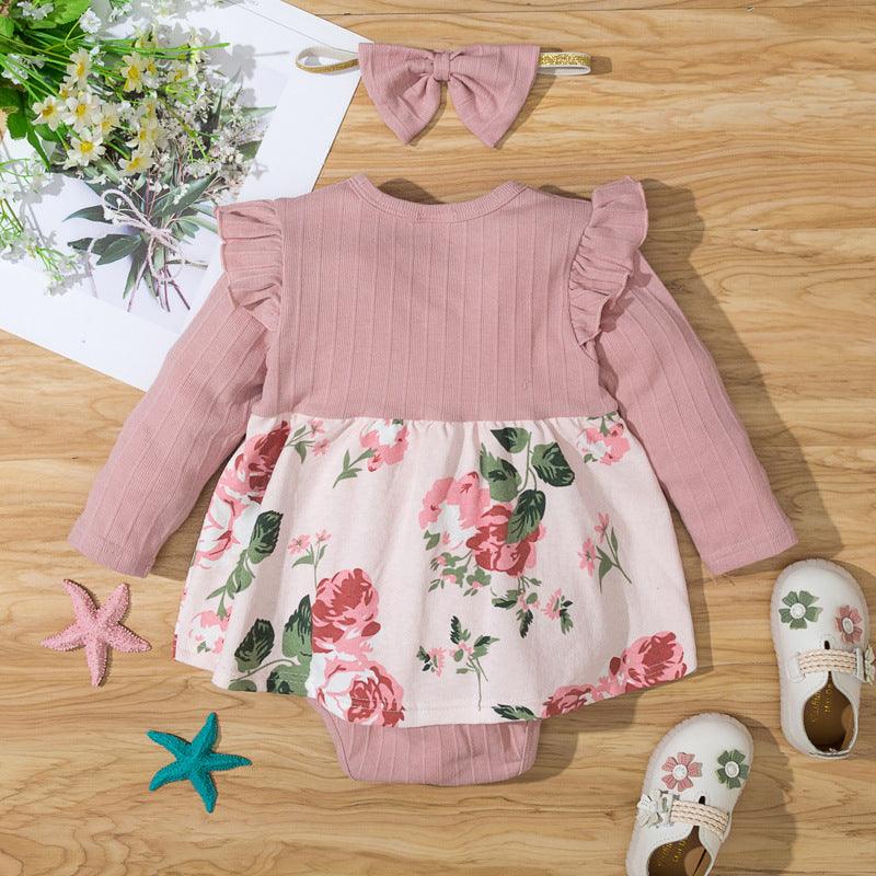 Baby Girls Cotton Floral Print Pink Long Sleeve Jumpsuit - PrettyKid