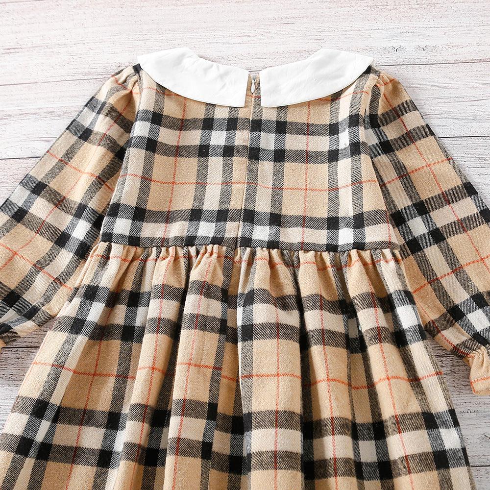 Children Girl's Doll Neck Plaid Long Sleeve Dress - PrettyKid