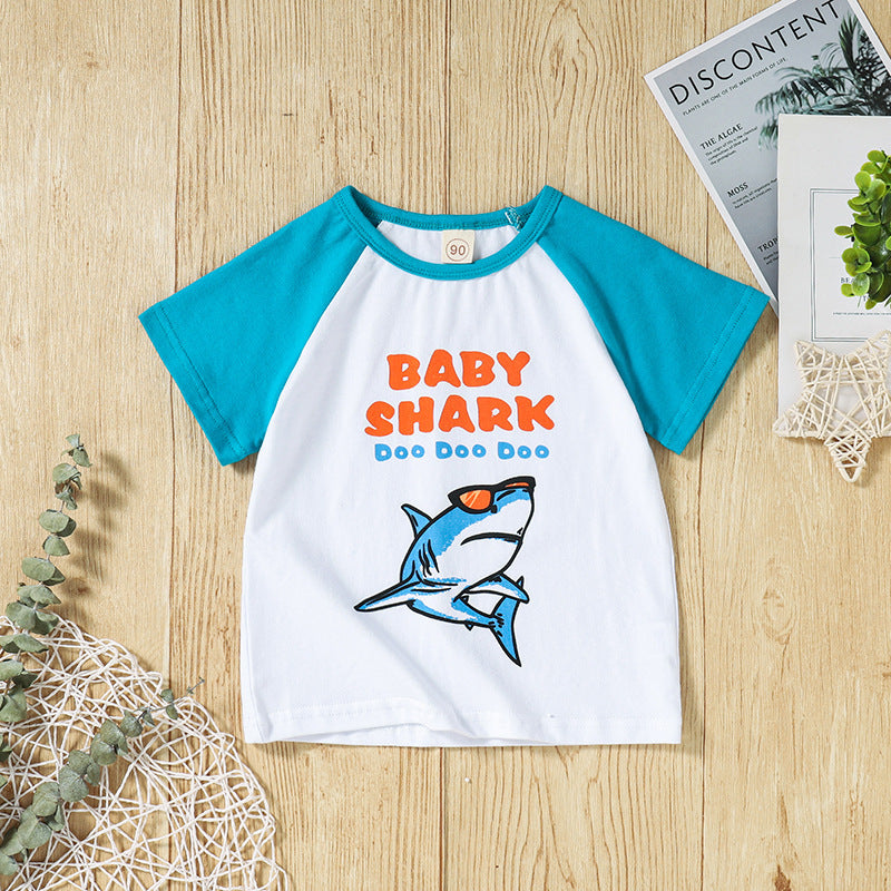 Toddler Kids Boys Cartoon Shark Print Color Matching Short Sleeved Shirt Shorts Set - PrettyKid