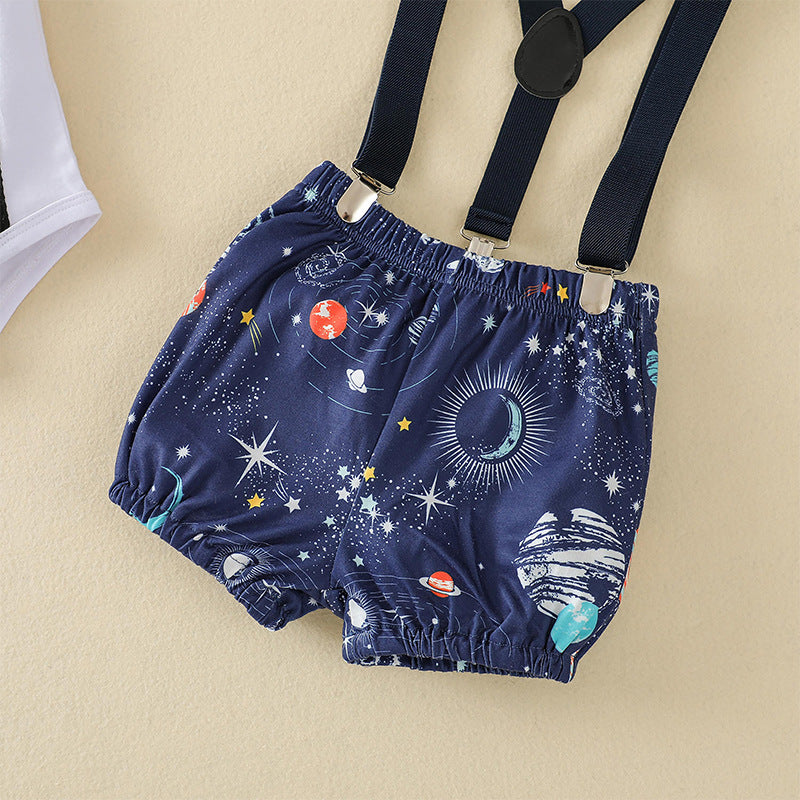 Baby Boys Solid Color Digital Planet Print Round Neck Bodysuit Suspender Pants Set - PrettyKid