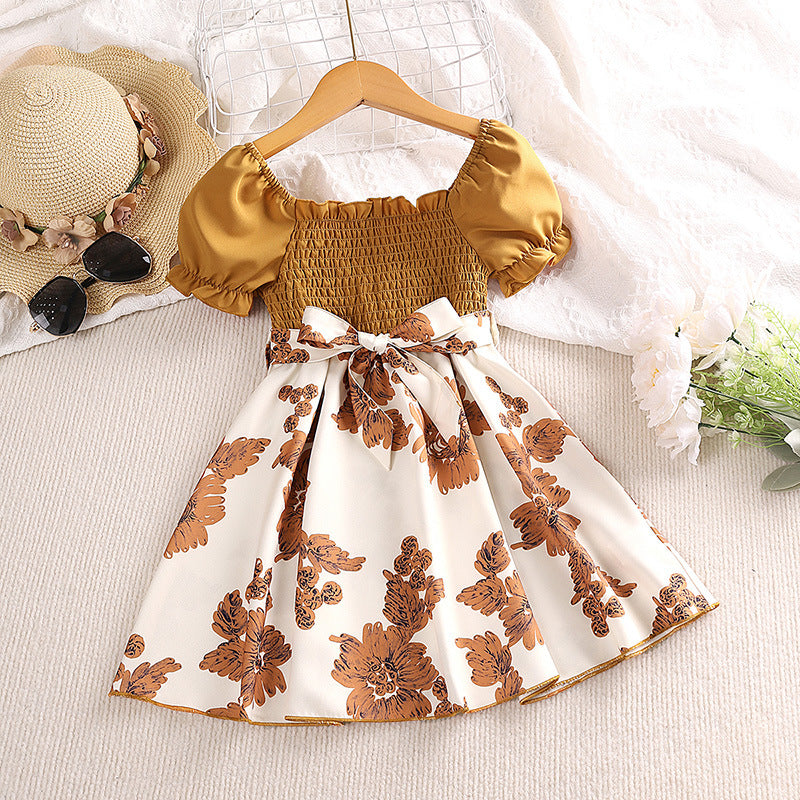 Girls' Summer Patchwork Dress Printed Fashionable Bubble Sleeve Princess Skirt