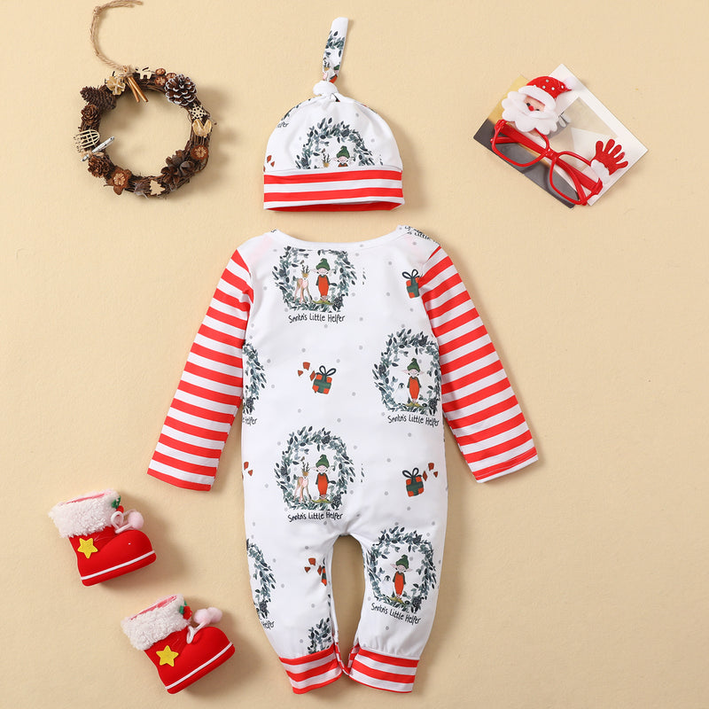 Baby Boys Girls Cartoon Print Stripe Long Sleeved Jumpsuit Christmas Dress - PrettyKid