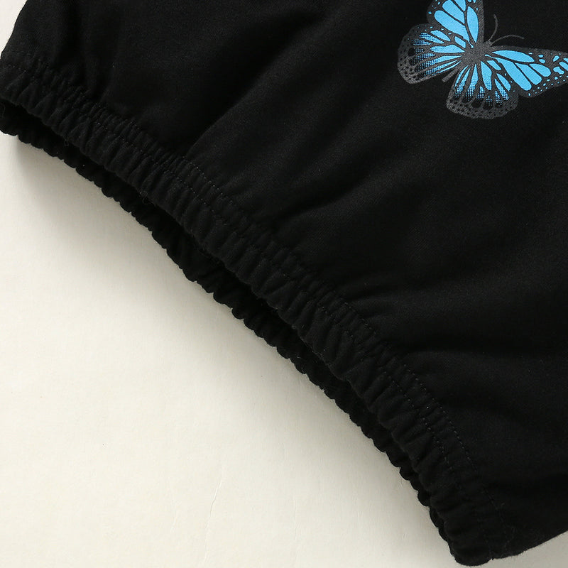 Toddler Girls Solid Blue Butterfly Print Long Sleeve Hoodie Set - PrettyKid
