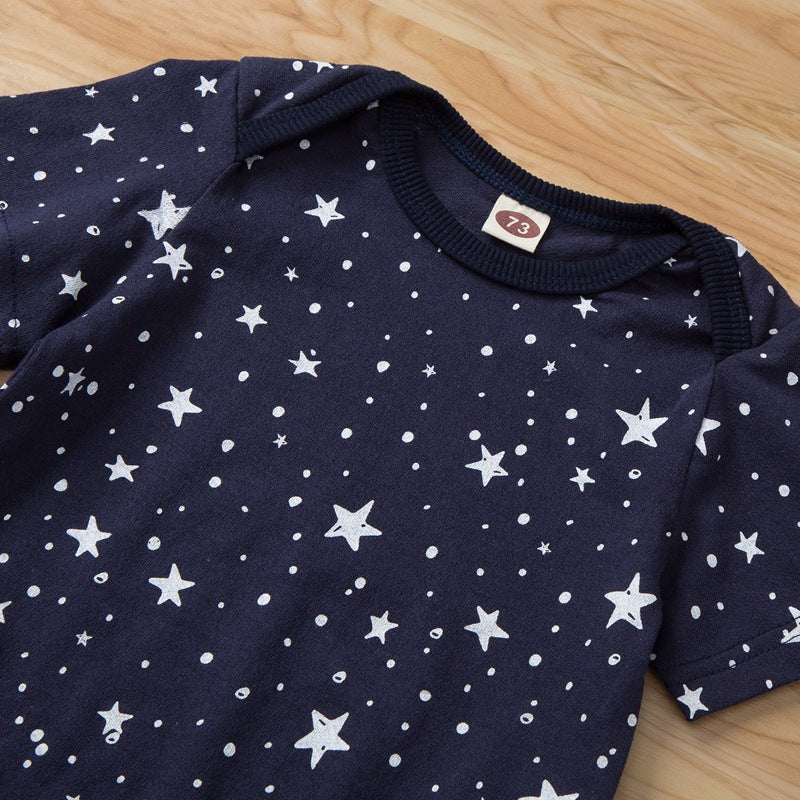 Baby Boys Navy Blue Star Print Short Sleeve Jumpsuit Romper - PrettyKid