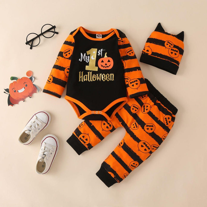 Baby Halloween Cartoon Print Long Sleeve Jumpsuit Striped Trousers Hat Set - PrettyKid