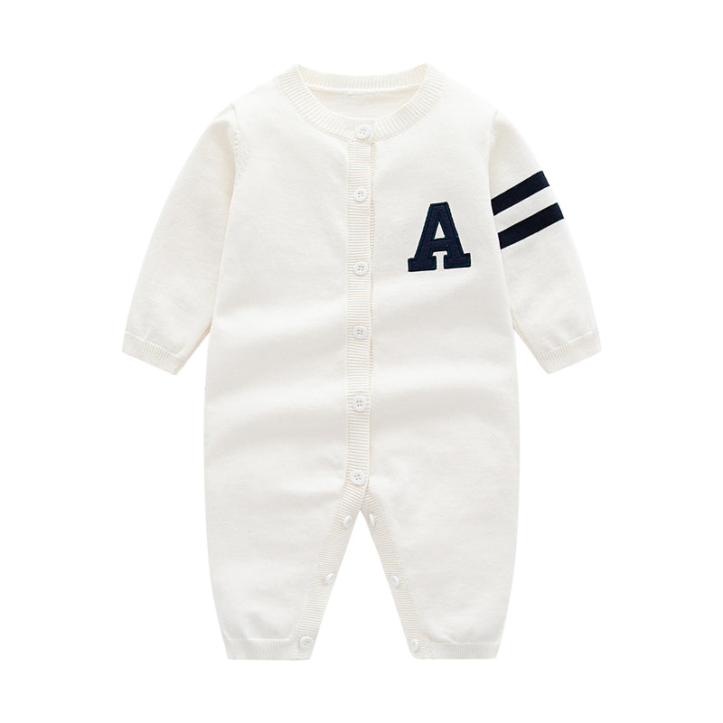 Baby Boys Solid Letter Embroidery Round Neck Button Down Knit Romper - PrettyKid