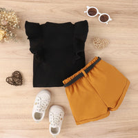 Spring and Summer Cotton Pit Strip Flying Sleeve Top Solid Color Shorts with Waist Bag Girls Suit