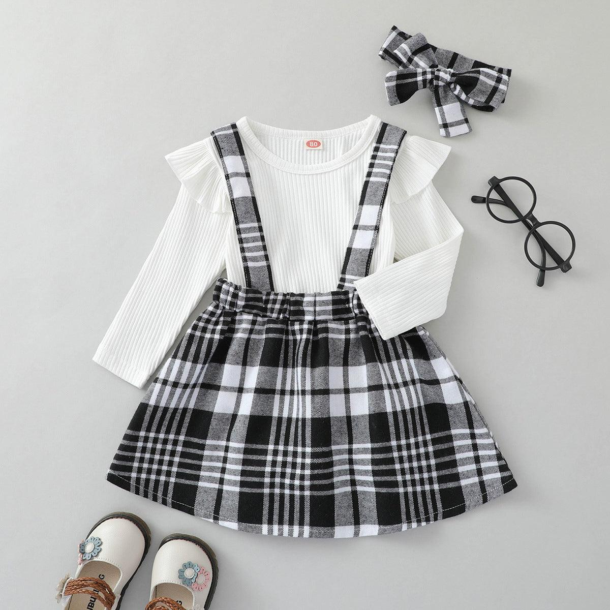 Baby Girls White Long Sleeved Jumpsuit Plaid Strap Skirt Set - PrettyKid