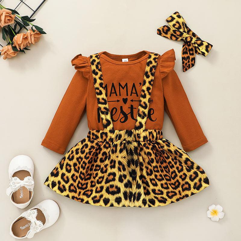 Baby Girls Leopard Print Lettered Halter Skirt Long Sleeve Jumpsuit - PrettyKid