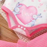 Baby Girls Cute Rabbit Print Long-sleeved Jumpsuit Solid Color Bow Flared Pants Set - PrettyKid