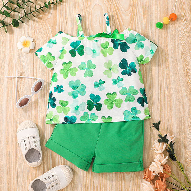 Toddler Kids Girl Sling Short Sleeve Shamrock Tee Top Solid Shorts St. Paddy's Day Set - PrettyKid