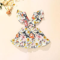 Baby Girls Solid Color Long Sleeve One-piece Dress Flower Print Suspender Skirt Set - PrettyKid