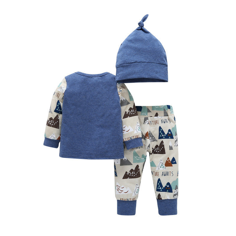 Baby Boys Girls Solid Color Long Sleeve Top Printed Trousers Hat Set Organic Kids Clothes Wholesale - PrettyKid