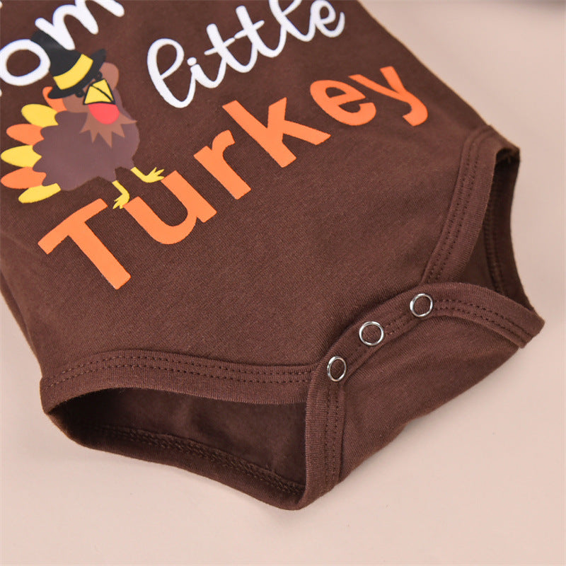 Baby Boys Cartoon Thanksgiving Letter Turkey Print Jumpsuit Pants Set - PrettyKid