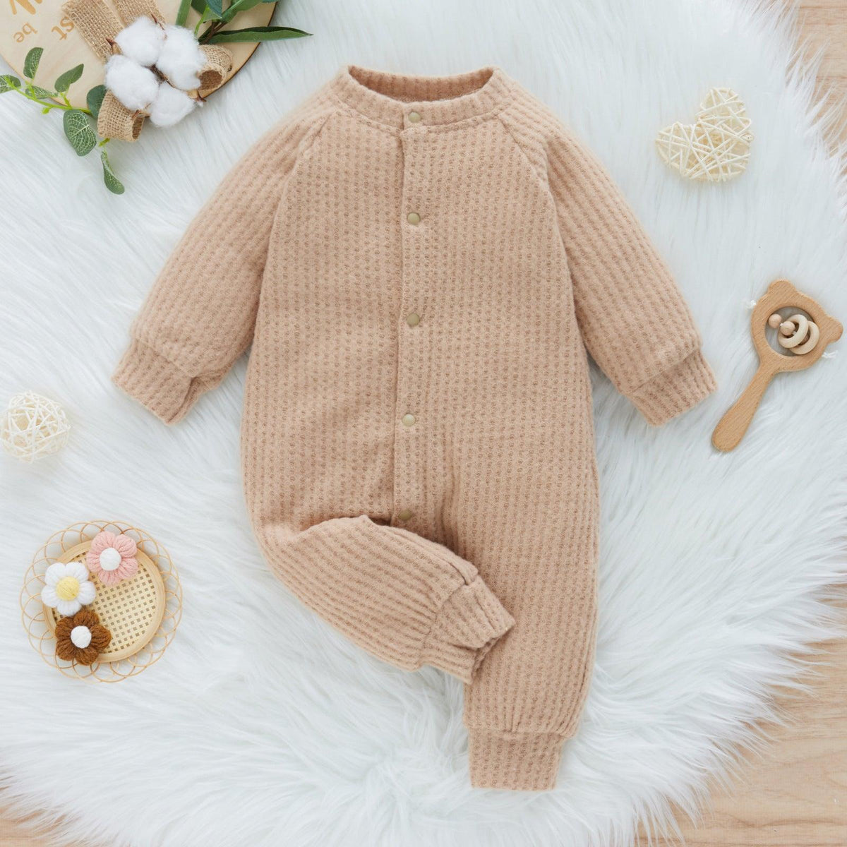 Baby Boys Girls Solid Color Waffle Fleece Warm Long-sleeved Jumpsuit - PrettyKid