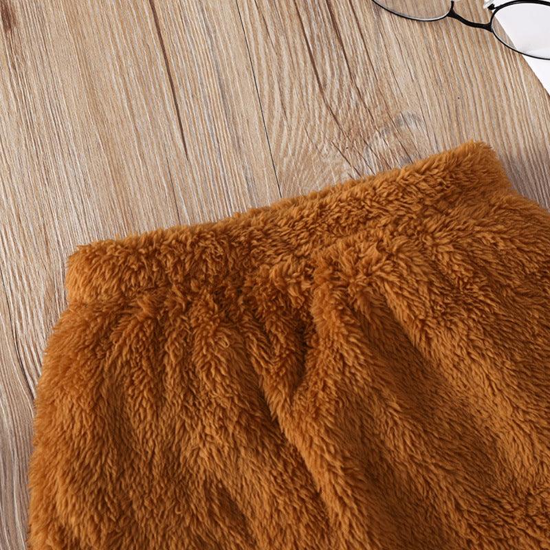 Toddler Kids Girls Brown Long Sleeved Lapel Furry Coat Skirt Suit - PrettyKid