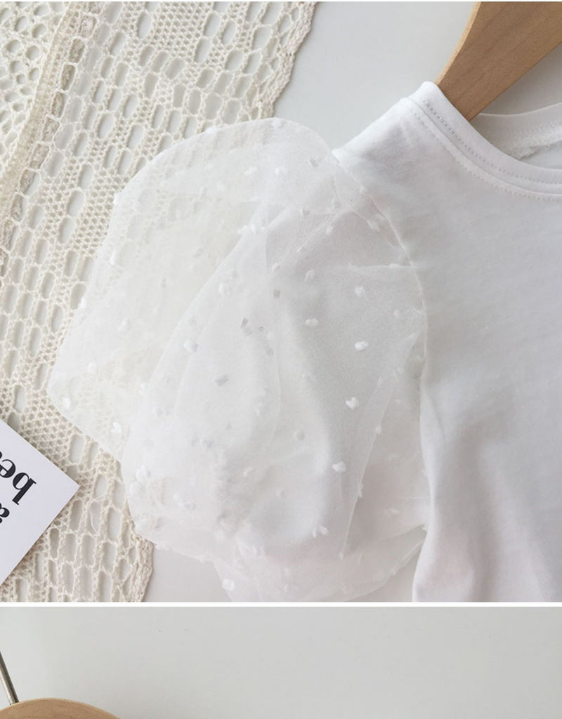 Girls Puff Sleeve White T-shirt Denim Flouncing Fmermaid Skirt Summer Suit - PrettyKid