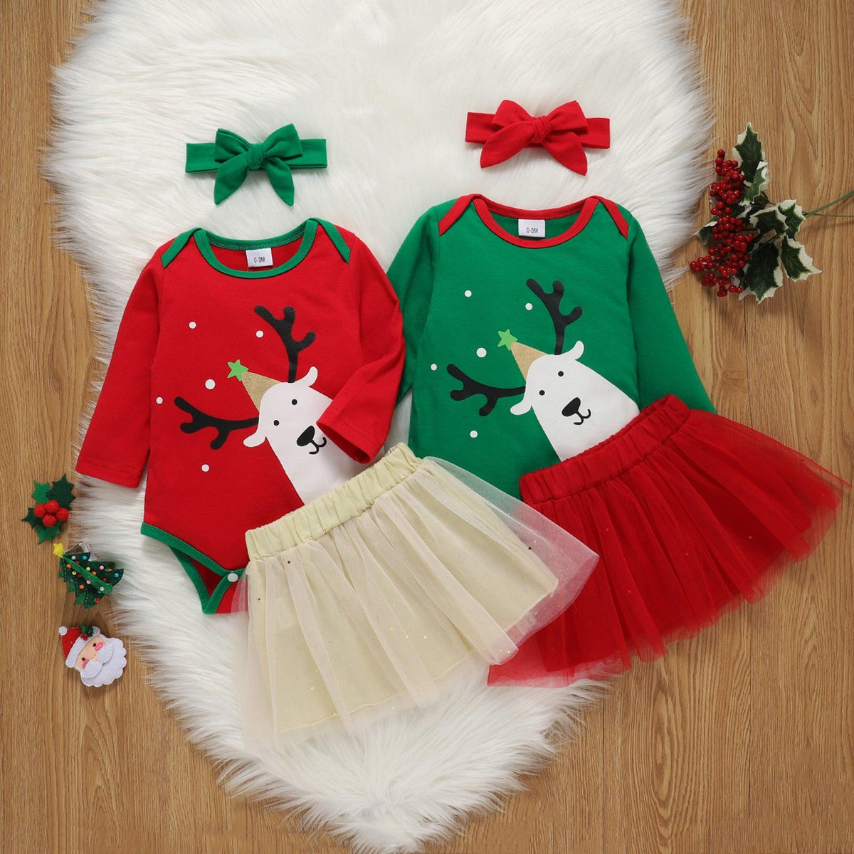 Baby Girls Christmas Deer Long Sleeved One-piece Dress Mesh Skirt Hair Band Suit - PrettyKid