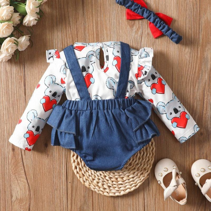 Toddler Boys Girls Cartoon Koala Love Printed Top Denim Strap Bow Pants Set - PrettyKid