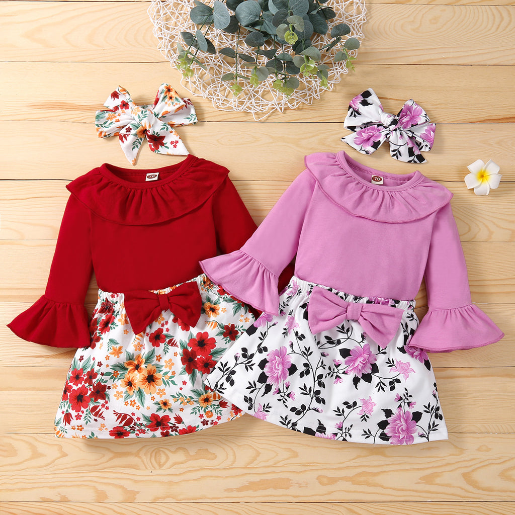 Baby Girl Solid Long Sleeve Flare Sleeve Top Flower Print Skirt Set - PrettyKid