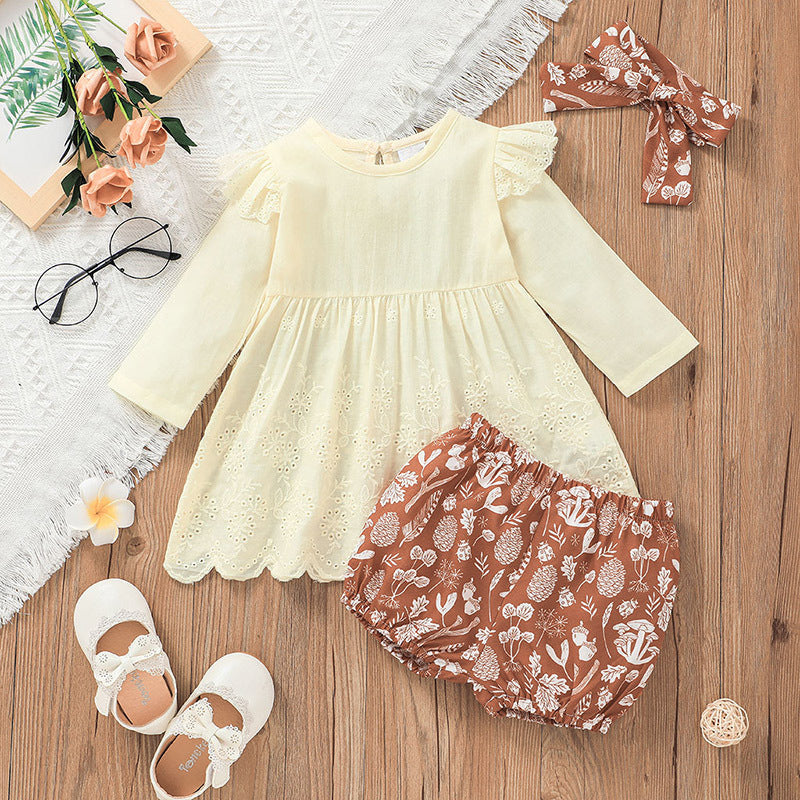 Toddler Girls Solid Color Lace T-shirt Floral Print Shorts Set - PrettyKid