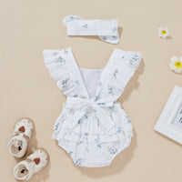 Baby Girls Solid Cotton Floral Print Fly Sleeveless Bodysuit Butterfly Tie Set - PrettyKid