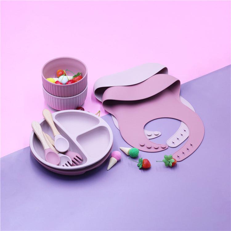 2021 New Silicone Children's Pocket Silicone Bibs & Bowl & Spoon & Fork & Plate Set - PrettyKid