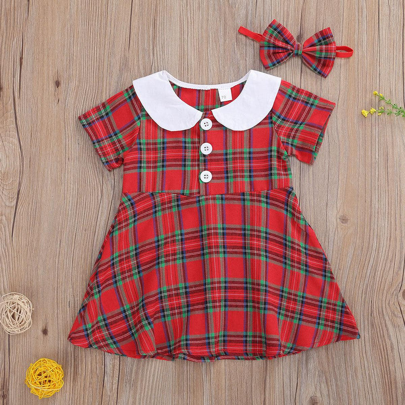 Girls' Doll Neck Short Sleeve Plaid Dress - PrettyKid