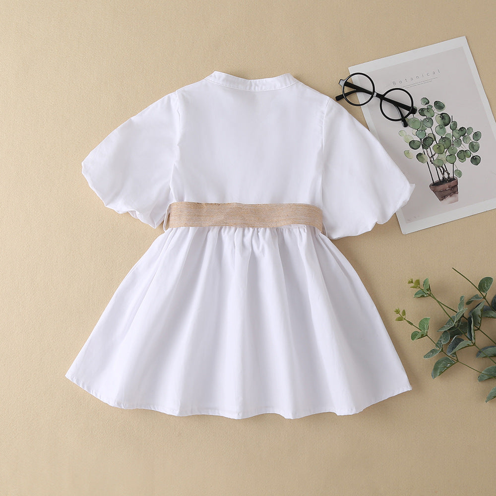 Toddler Kids Girls White V-Neck Bubble Sleeve Khaki Belt Shirt Dress - PrettyKid