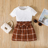 Toddler Kids Girls Round Neck White Short Sleeve T-Shirt Top Plaid Print Bow Skirt Set - PrettyKid