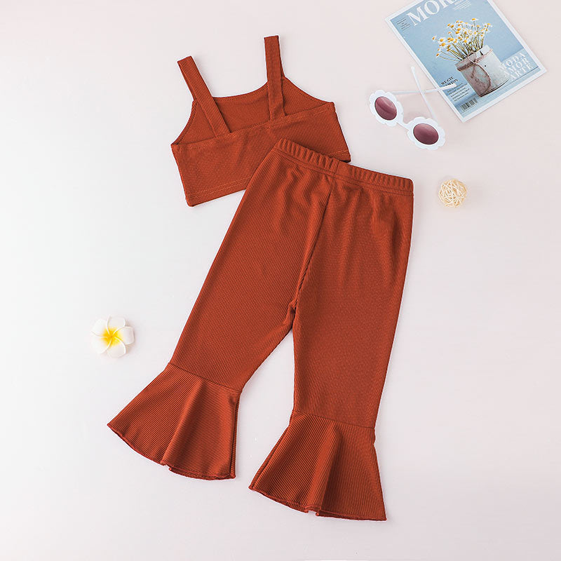 Toddler Kids Girls Solid Color Sleeveless Suspender Top Flare Pants Set - PrettyKid