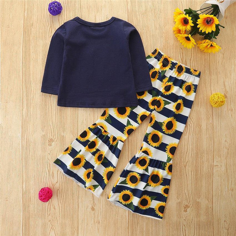 Toddler Kids Girls Solid Letter Top Stripe Sunflower Flared Pants Set - PrettyKid