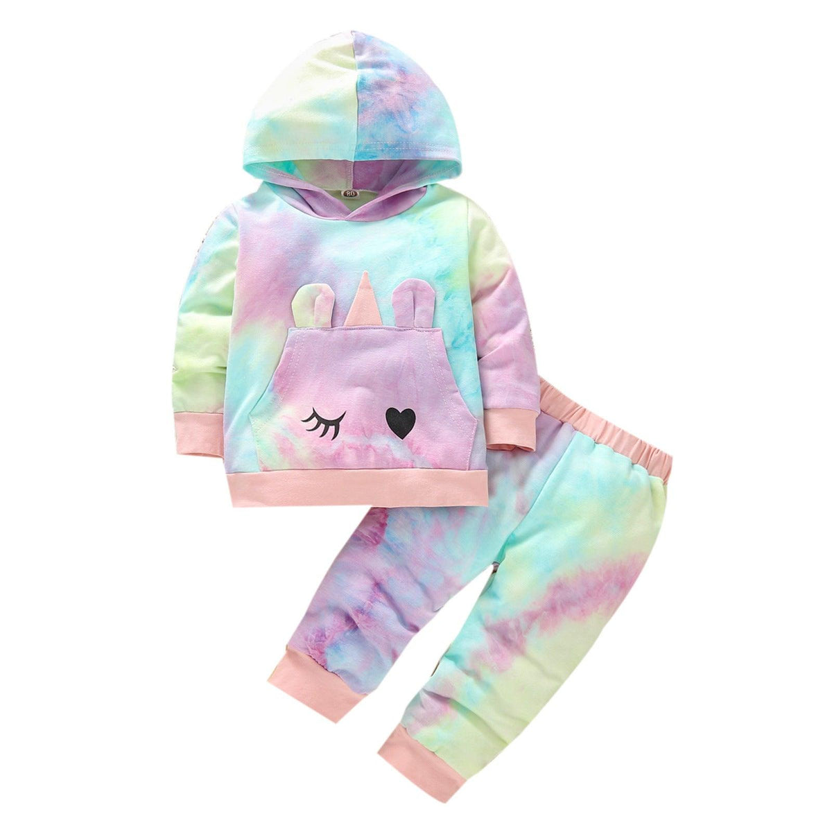 Toddler Girls Cute Cartoon Tie-dye Long-sleeved Hooded Two-piece Suit - PrettyKid