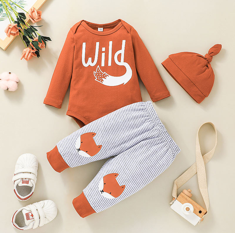 Baby Boys Girls Cute Fox Print Set Solid Color Letter Jumpsuit Striped Pants Two Pieces - PrettyKid