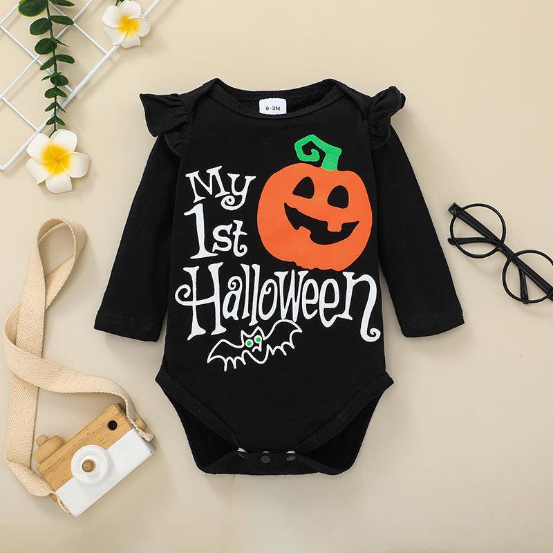 Baby Girls Letter Halloween Pumpkin Print Top Wave Dot Pants Two Piece Set Bulk Childrens Clothing - PrettyKid