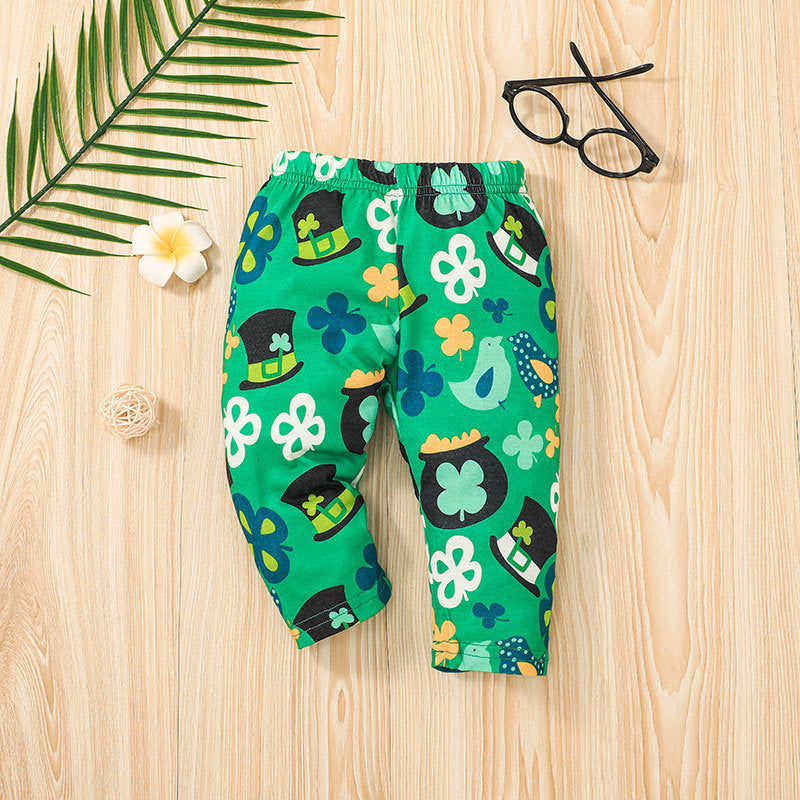 Toddler Boys Solid Colour Letter Round Neck Short Sleeve T-shirt Clover Printed Trousers Set - PrettyKid