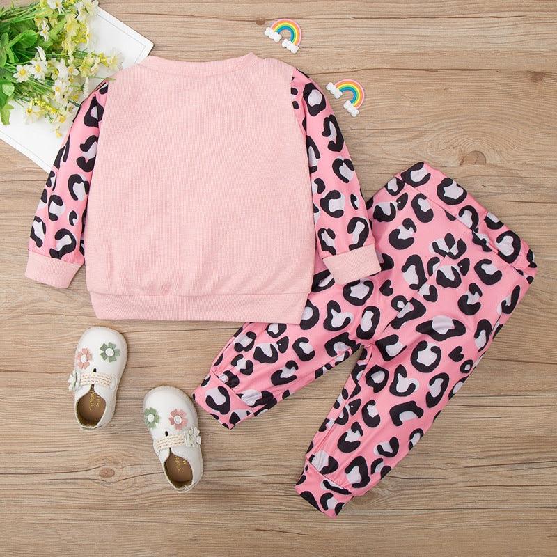 Toddler Girl Solid Letter Top Leopard Print Pants Home Suit - PrettyKid