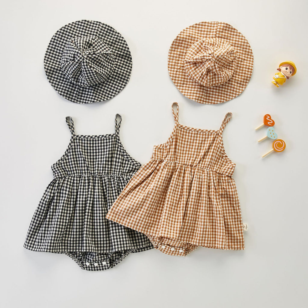 2022 Summer Baby Girls Suspender Plaid One-piece Dress Hat Two-piece Set - PrettyKid
