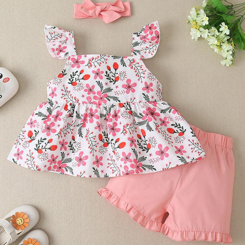 Toddler Kids Girls Pink Lovely Flower Print Top Solid Ruffle Set - PrettyKid