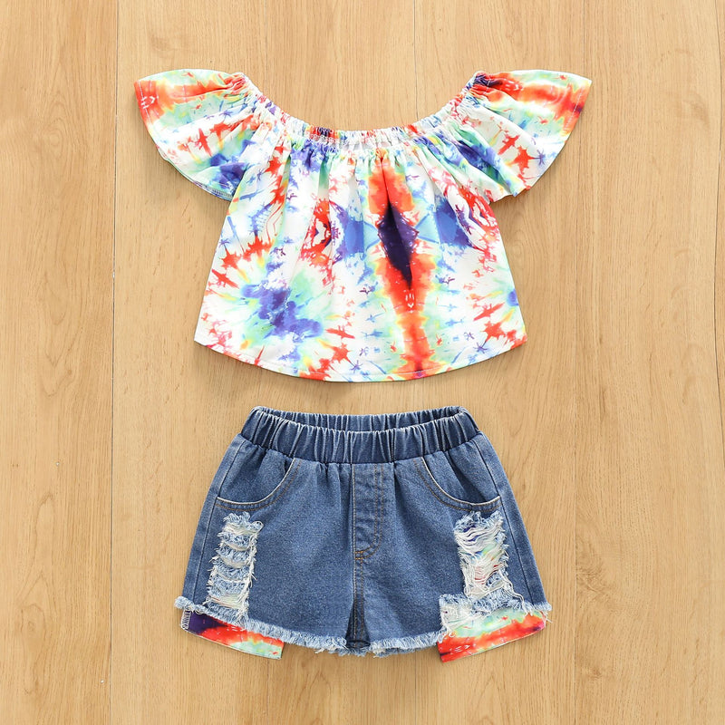Toddler Kids Girls Off Shoulder Short Sleeve Printed Top with Holes Denim Shorts Set - PrettyKid