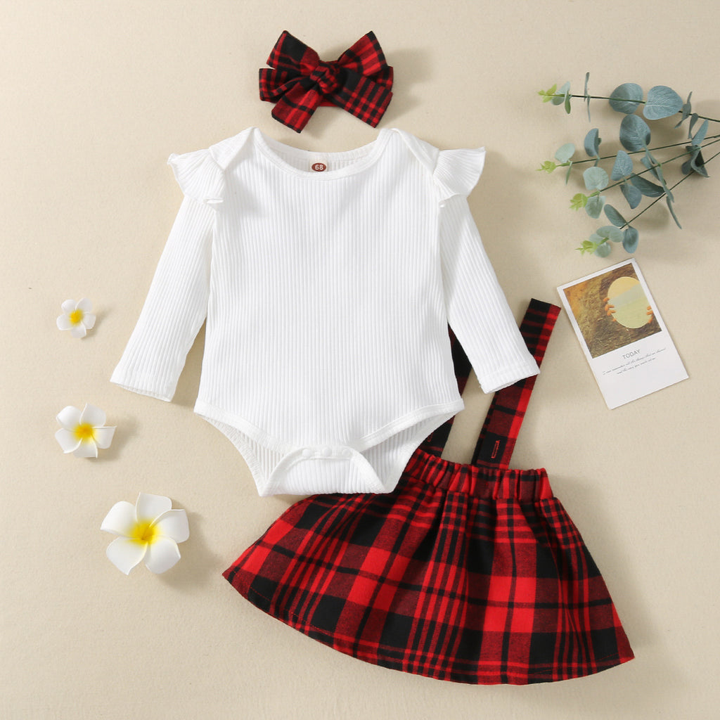 Baby Girls White Long Sleeved Jumpsuit Plaid Strap Skirt Set - PrettyKid